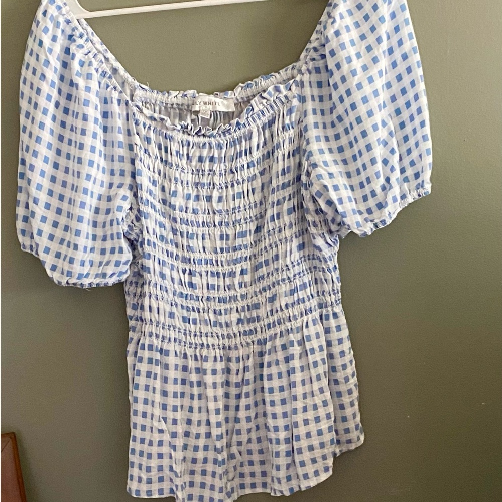 Blue Gingham Lily White Smocked adorable top.